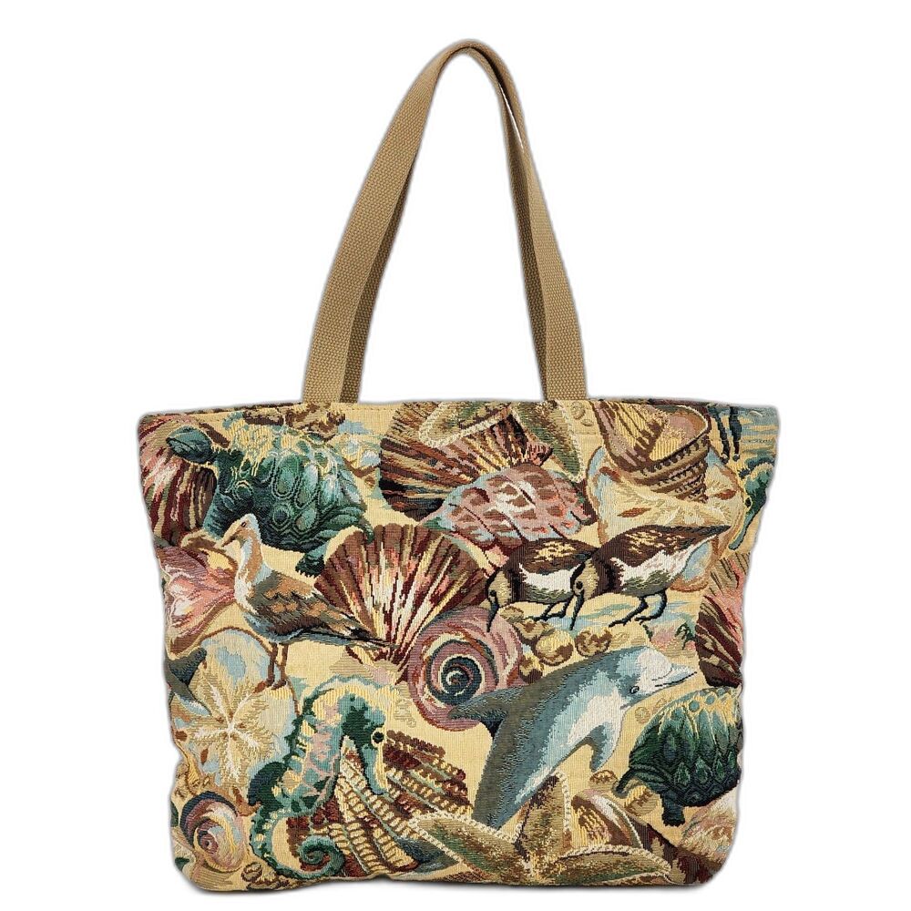 Vintage Sea Creature Tapestry Shopper Tote Bag Ocean Dolphins Turtle Shells